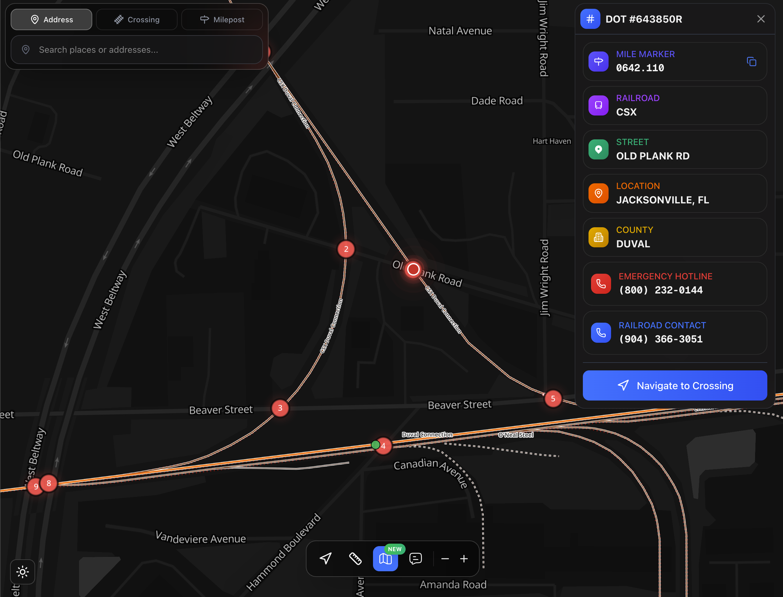 CrossingMap application interface in dark mode showing map with crossing details